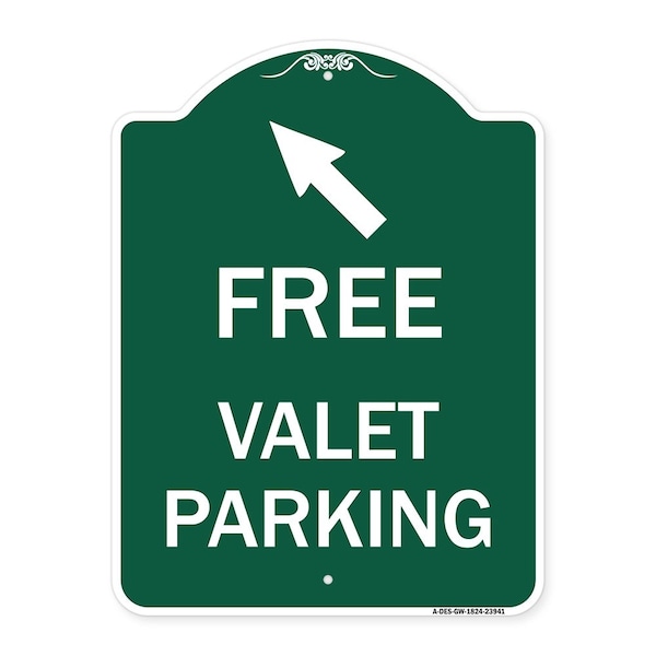 Signmission Free Valet Parking W/ Upper Left Arrow, Green & White Aluminum Sign, 18" x 24", GW-1824-23941 A-DES-GW-1824-23941 - main